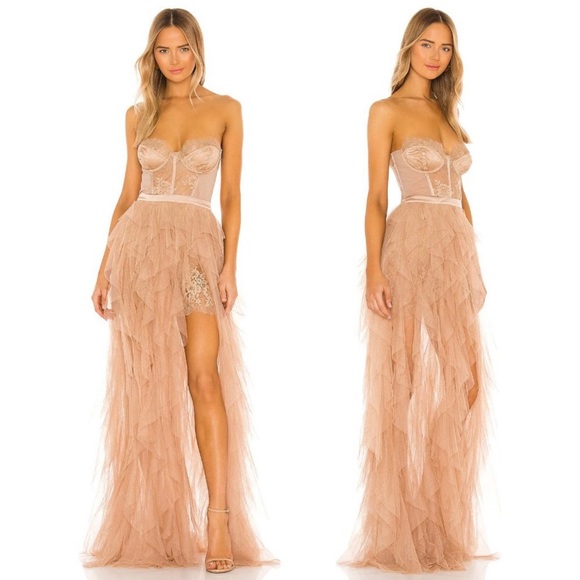 NWT For Love & Lemons x REVOLVE Bustier Gown Warm Taupe Tulle Lace Size S - Picture 1 of 17
